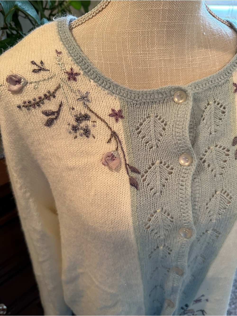 Koret Cream and Light Blue Embroidered Pearl-Button Cardigan - Picture 3 of 9
